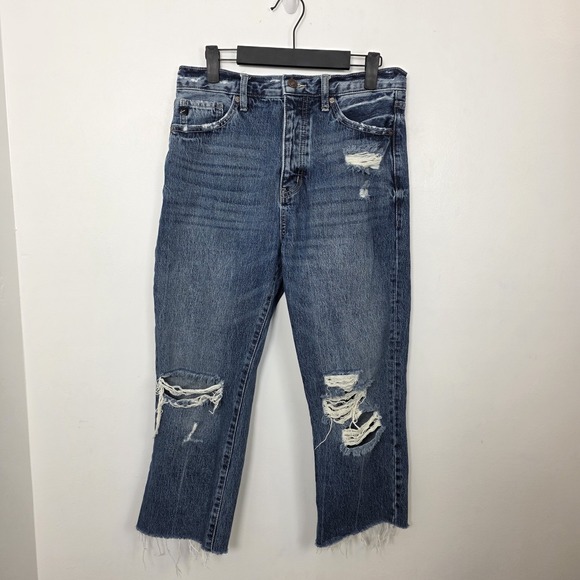 KanCan Denim - Kancan Medium Wash Distressed Raw Hem High Rise Straight Cropped Jeans Size 27
